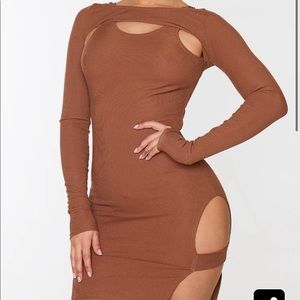 Chocolate Brown Ribbed PrettyLittleThings Long Sleeve Cutout Dress